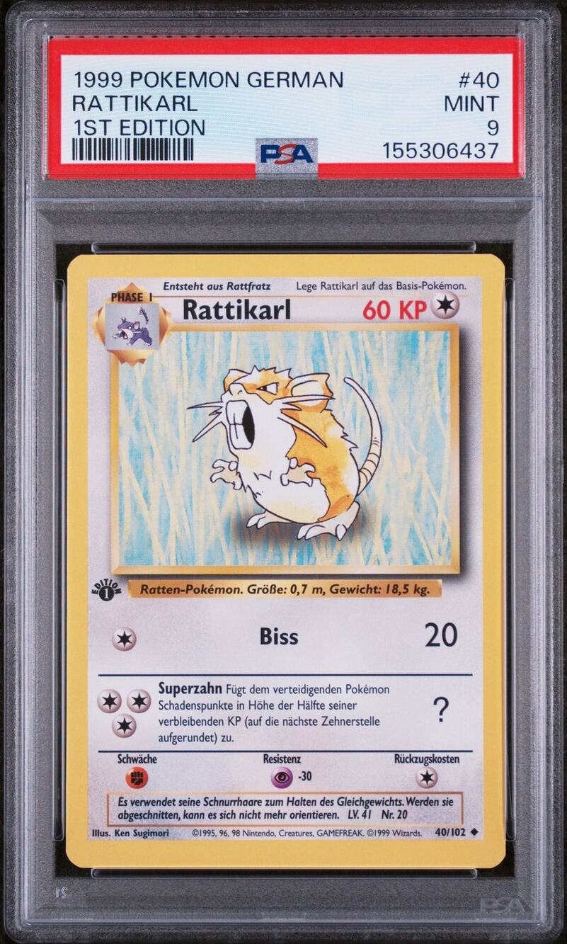 PSA 9 MINT Raticate (Rattikarl) 1st Edition 40/102 Pokémon 1999 German Base Set